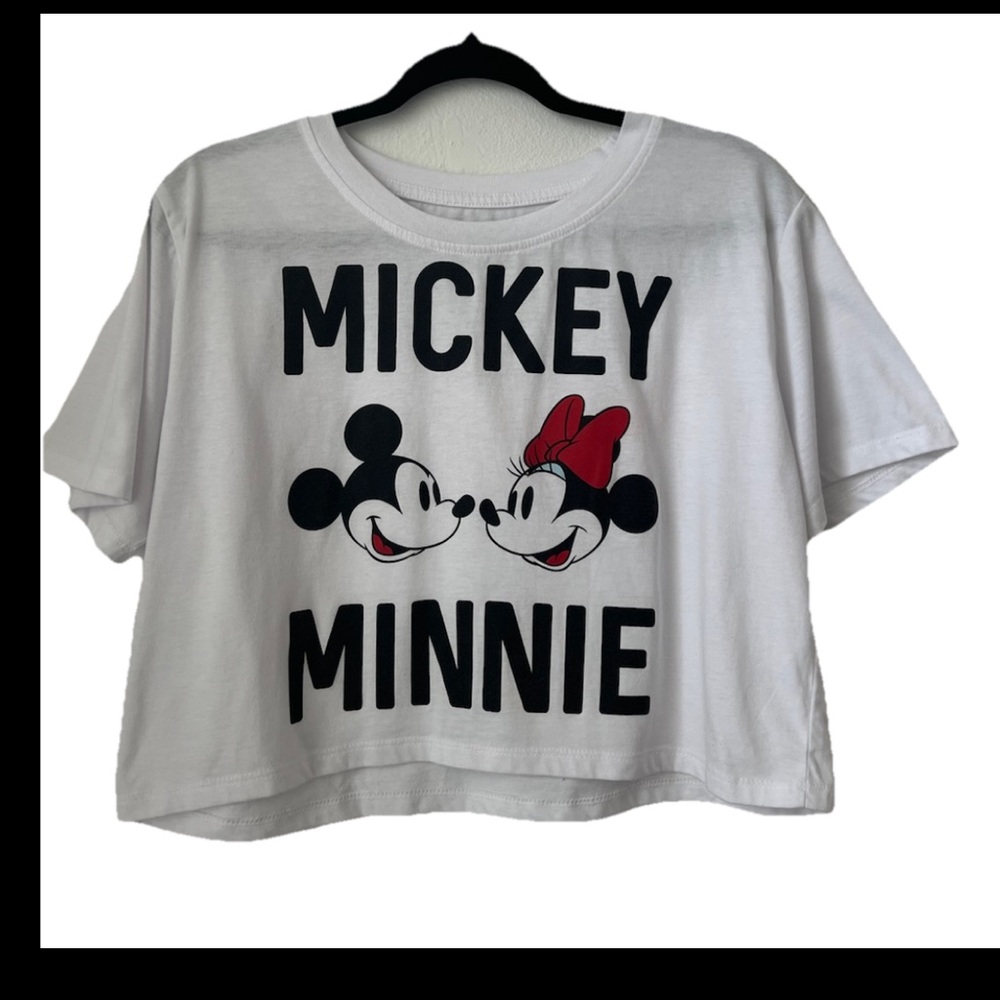 Disney Mickey and Minnie Mouse Faces and Text Crop Top Tee‎ White Size L (0499)
